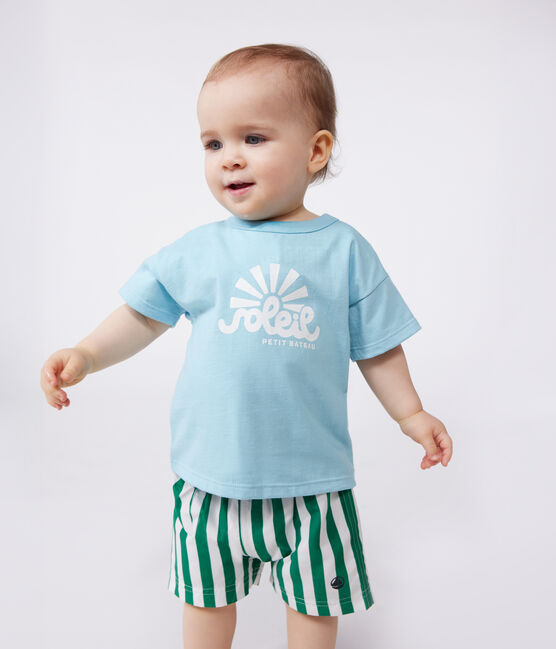 Effen katoenen T-shirt met korte mouwen voor baby's blauw AQUATIC