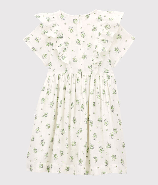 Jurk met print in biokatoenen gaas voor meisjes wit MARSHMALLOW/wit MULTICO