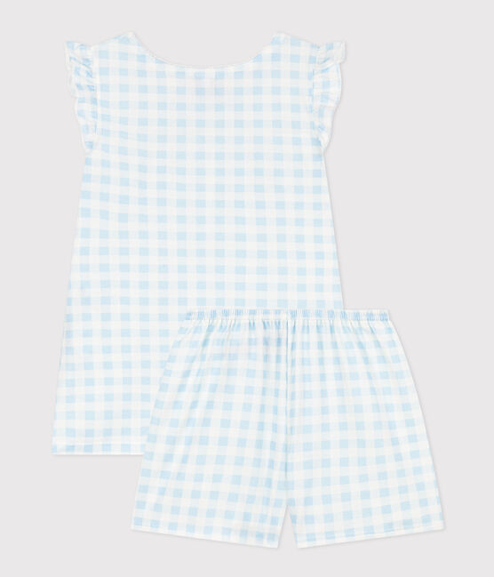 Korte meisjespyjama van dun katoen met vichyruitjes blauw MARSHMALLOW/wit GOMME