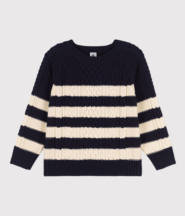 Pull irlandais ray&eacute; en coton enfant fille/gar&ccedil;on bleu/&eacute;cru