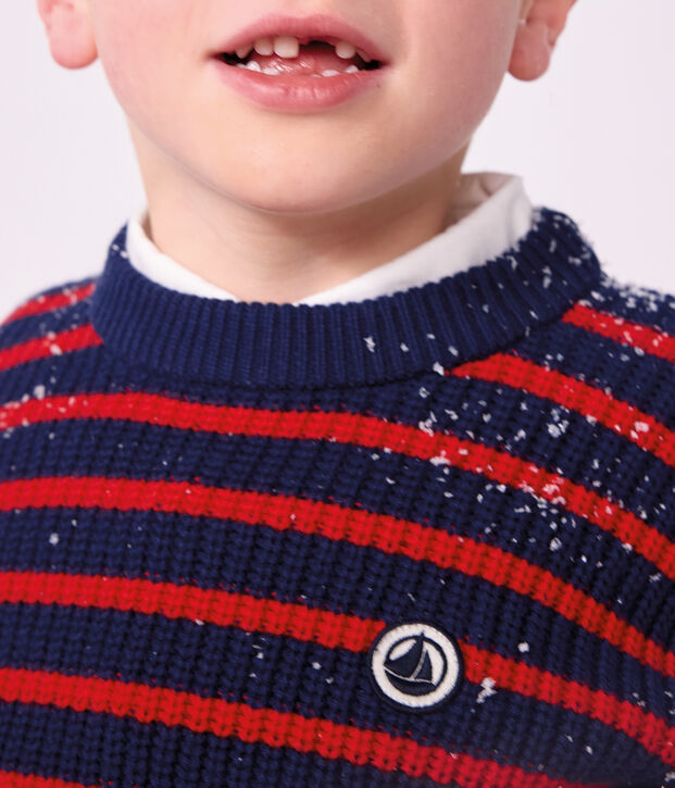 Pull enfant en laine et coton &agrave; rayures bleu/rouge