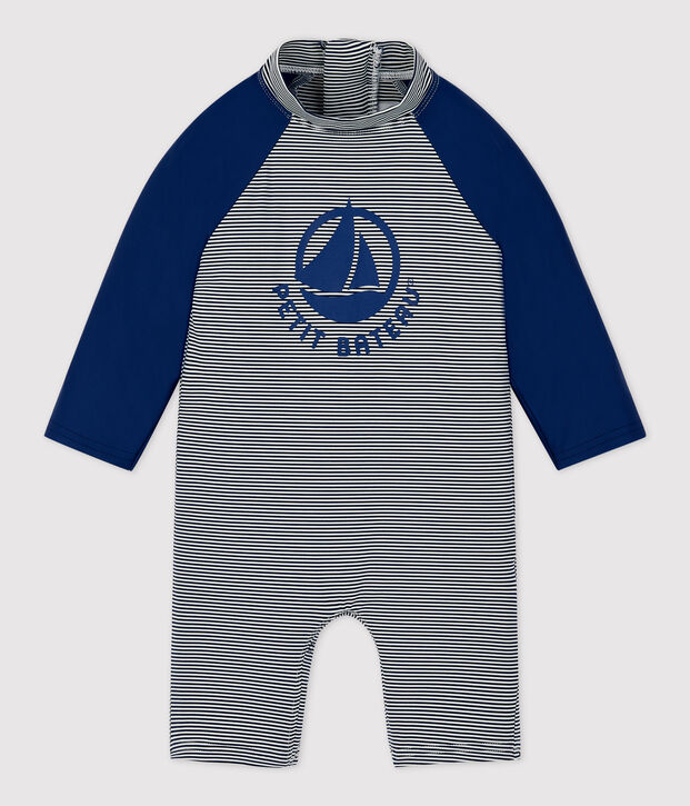 Combinaison anti-UV en mati&egrave;re recyl&eacute;e b&eacute;b&eacute; bleu/blanc