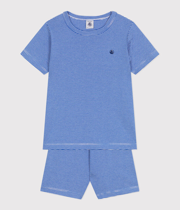 Korte katoenen kinderpyjama met streepjes blauw/wit