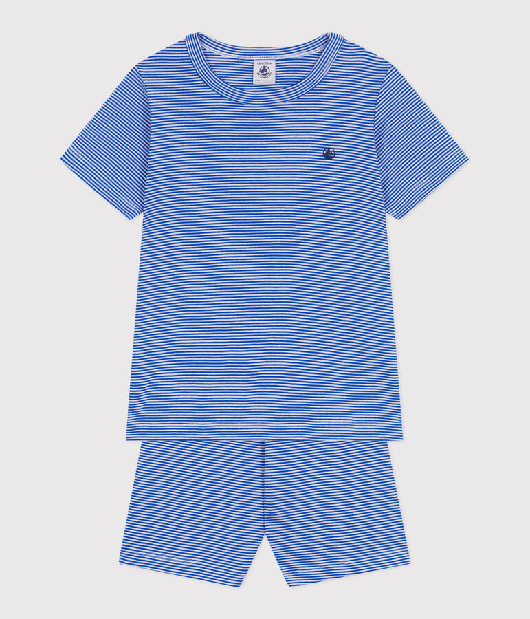 Pyjama short enfant en coton &agrave; rayures bleu/blanc