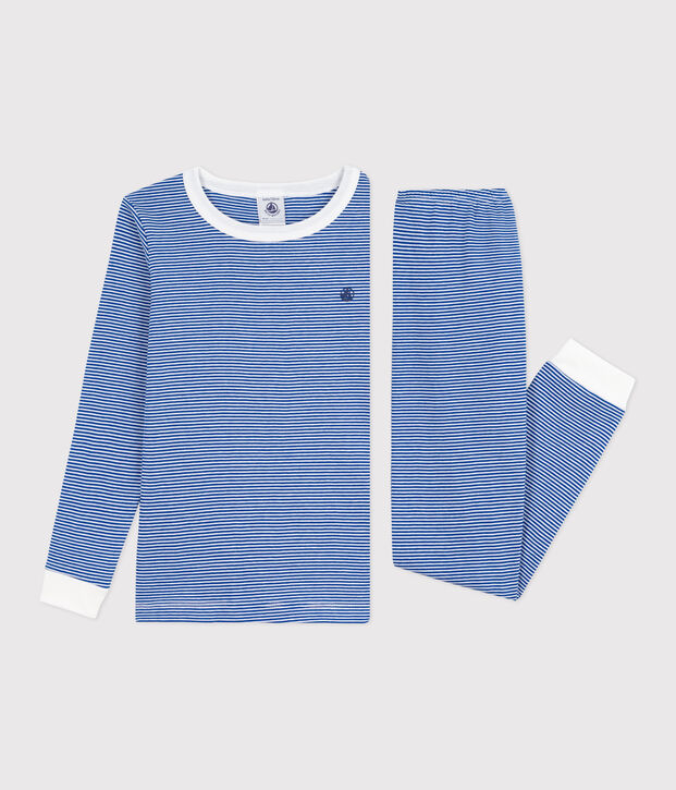 Gestreepte katoenen kinderpyjama met zeer nauw aansluitende pijpen blauw/wit