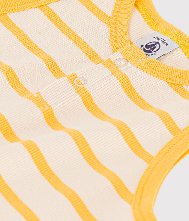 Combinaison courte b&eacute;b&eacute; en maille c&ocirc;tel&eacute;e ray&eacute;e &eacute;cru/jaune