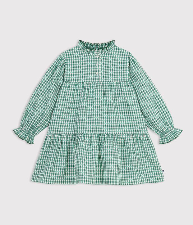 Robe enfant en popeline manches longues vichy vert/blanc
