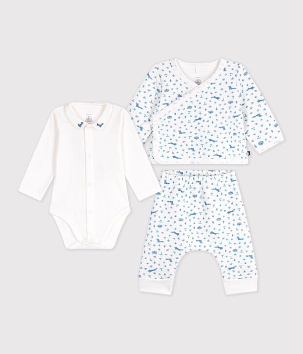 Katoenen babysetje met kraagje met vosprint wit/multicouleur