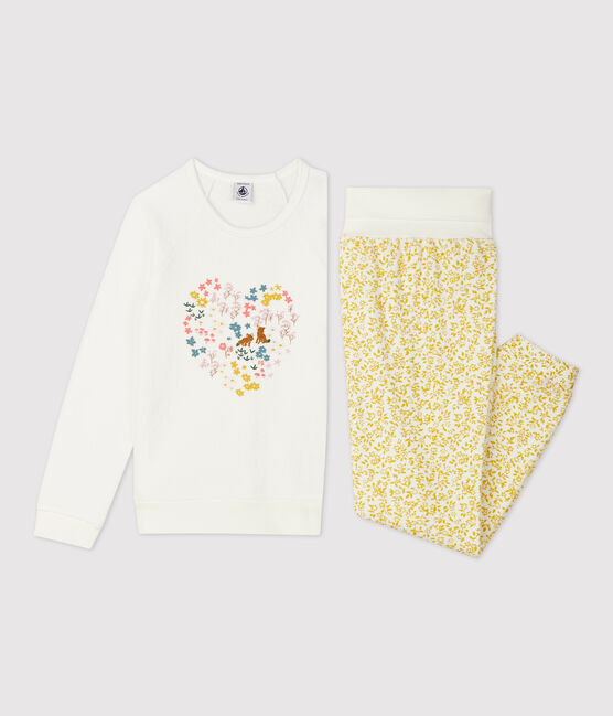 Meisjespyjama met bloemen van opgeruwde bouclébadstof geel OCRE/wit MARSHMALLOW