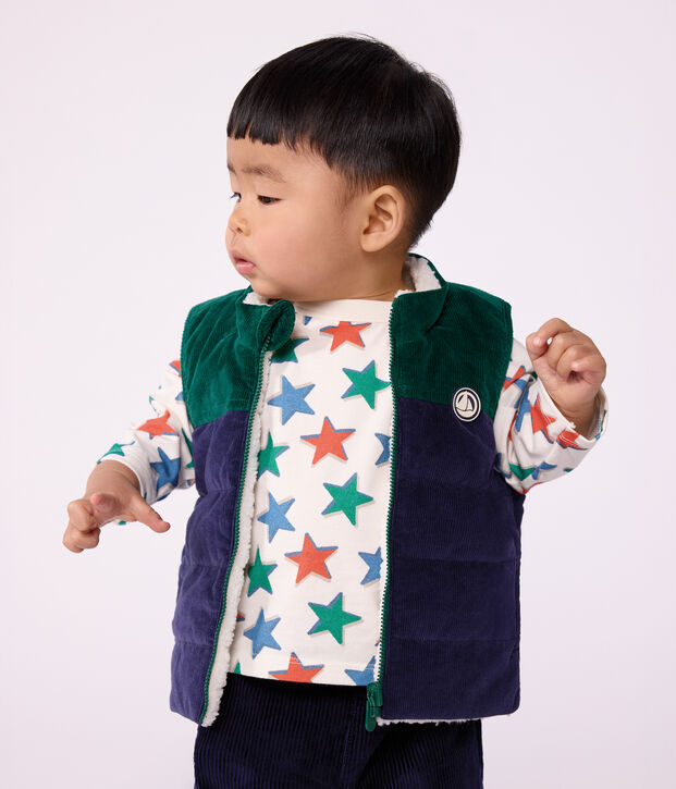 Omkeerbaar mouwloos donsjack van fluweel en sherpa voor baby's blauw/multicouleur