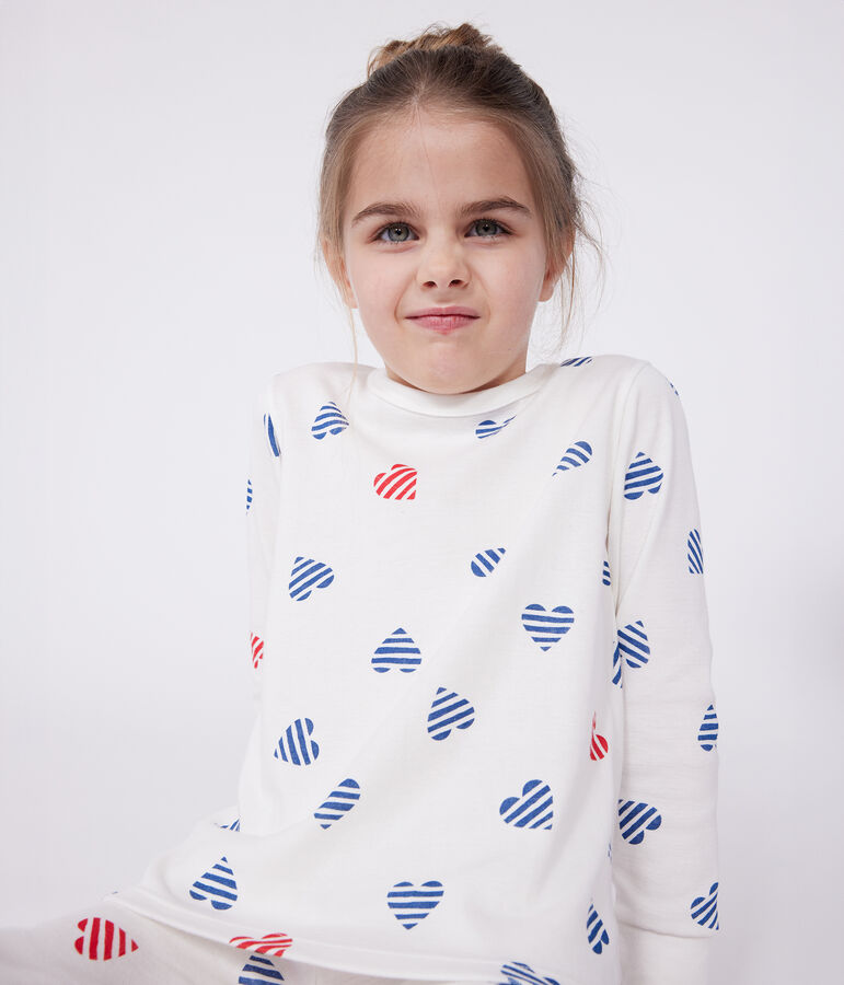 Katoenen kinderpyjama met lange mouw en hartjesprint wit/multicouleur
