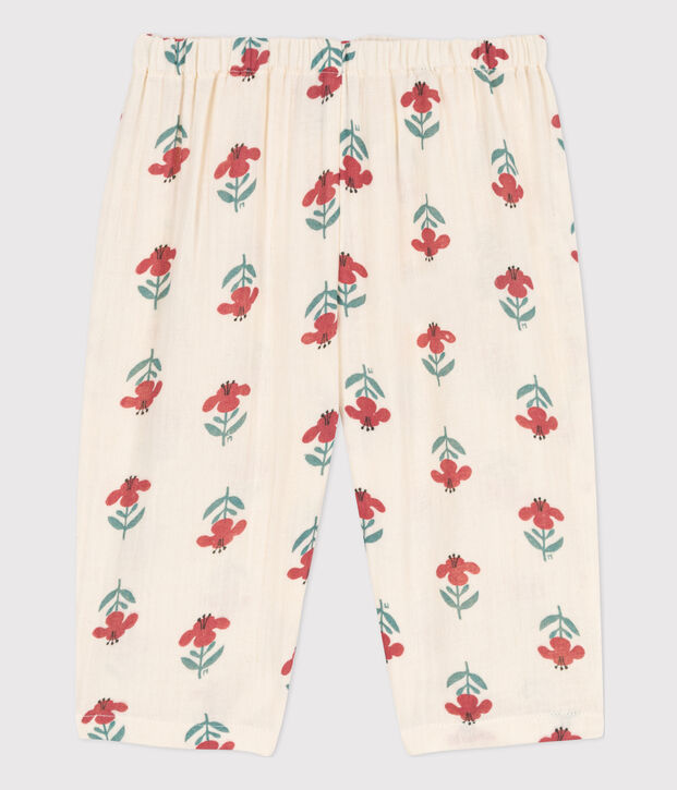 Babybroek van luchtig katoen met print ecru/multicouleur