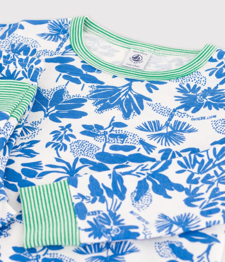 Katoenen jongenspyjama met plantenprint wit/blauw