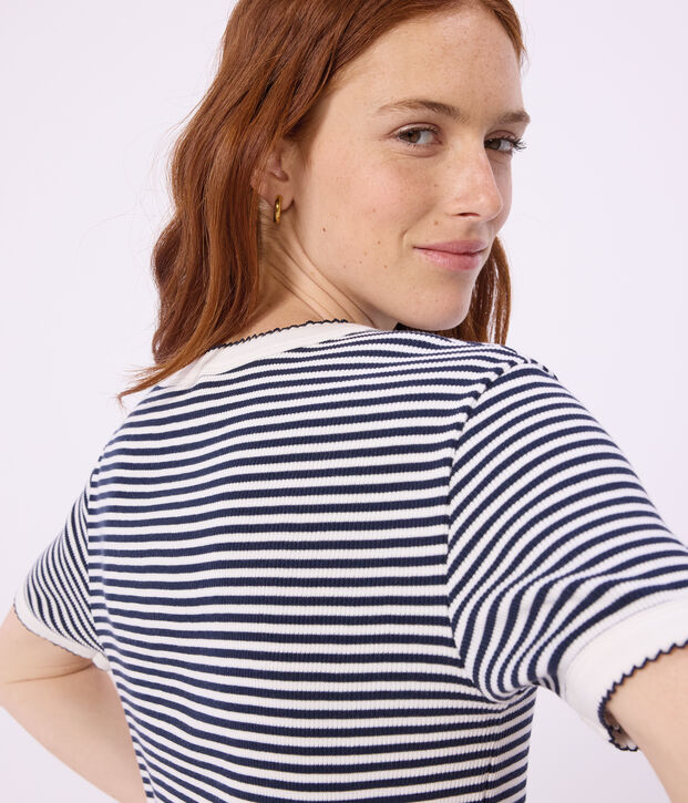 Tee-shirt femme en coton manches courtes &agrave; rayures bleu/blanc