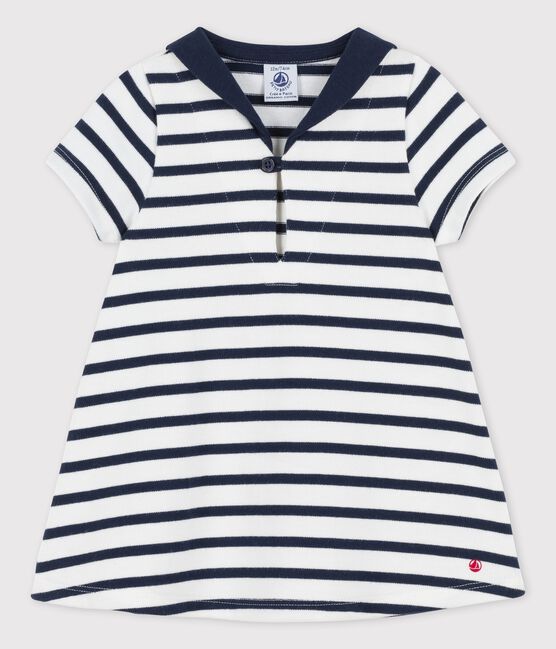 Jurk met wijde kraag van dikke biologische jerseystof voor baby's wit MARSHMALLOW/blauw SMOKING