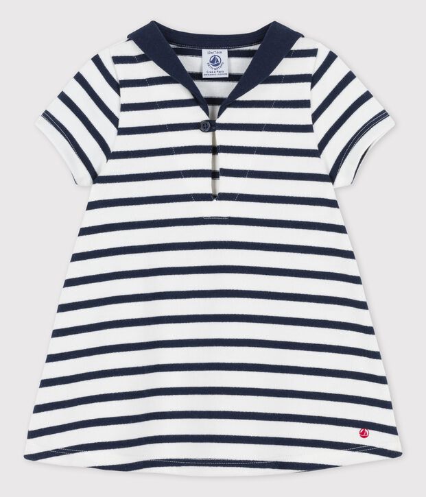 Robe col vareuse en jersey &eacute;pais bio b&eacute;b&eacute; blanc/bleu
