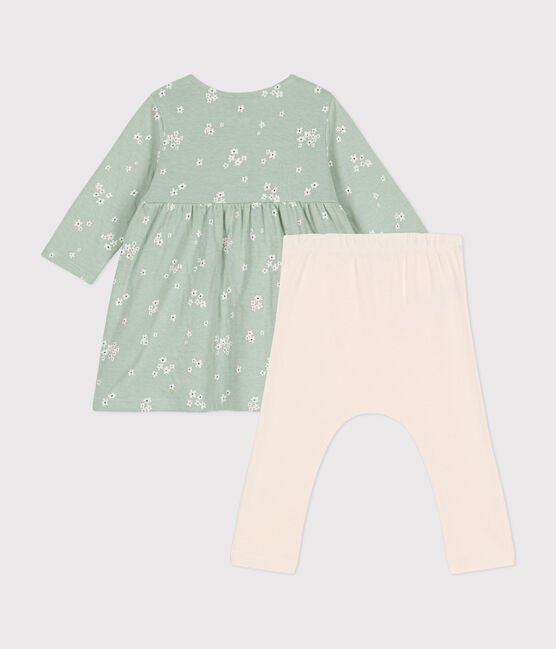 Katoenen jurk en legging voor baby's groen HERBIER/wit MULTICO