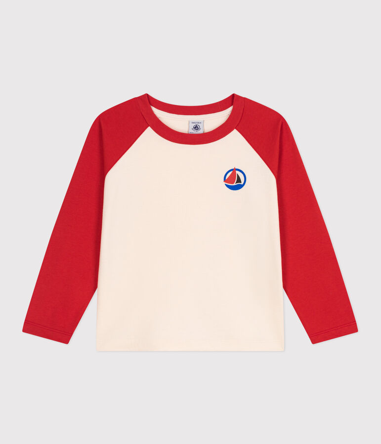 Teeshirt enfant en coton manches longues colorblock &eacute;cru/rouge