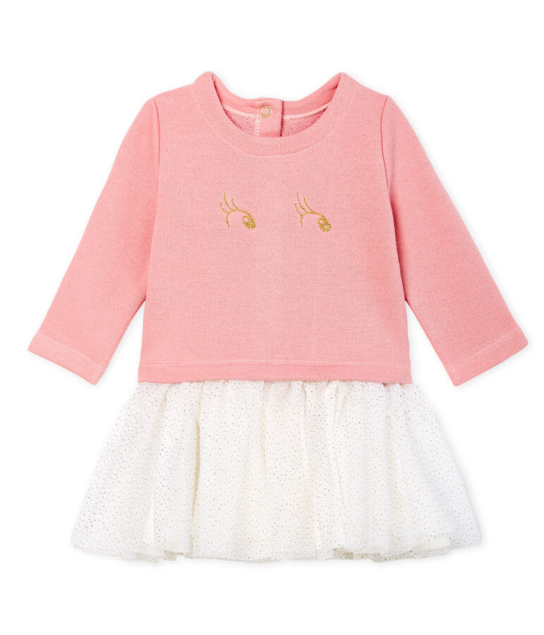 Jurk met lange mouwen twee soorten materiaal babymeisje roze/multicouleur