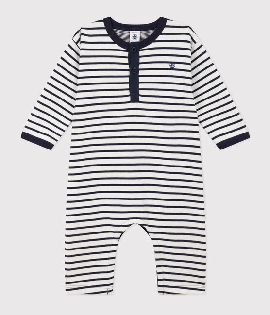 Combinaison longue rayée marinière en jersey épais bébé blanc MARSHMALLOW/bleu SMOKING