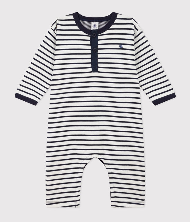 Combinaison longue ray&eacute;e marini&egrave;re en jersey &eacute;pais b&eacute;b&eacute; blanc/bleu
