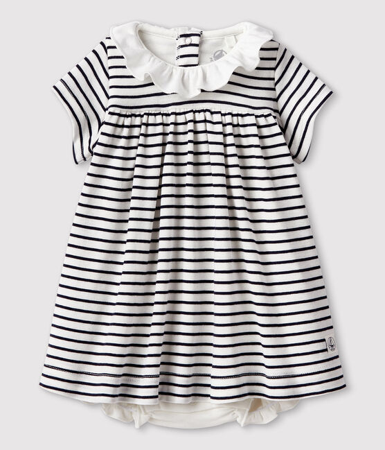 Robe body manches courtes bébé fille en côte blanc MARSHMALLOW/bleu SMOKING