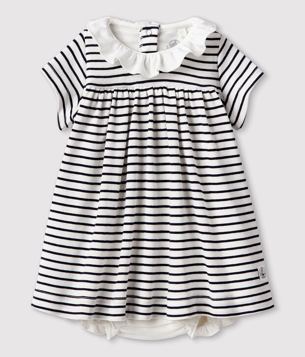 Robe body manches courtes b&eacute;b&eacute; fille en c&ocirc;te blanc/bleu