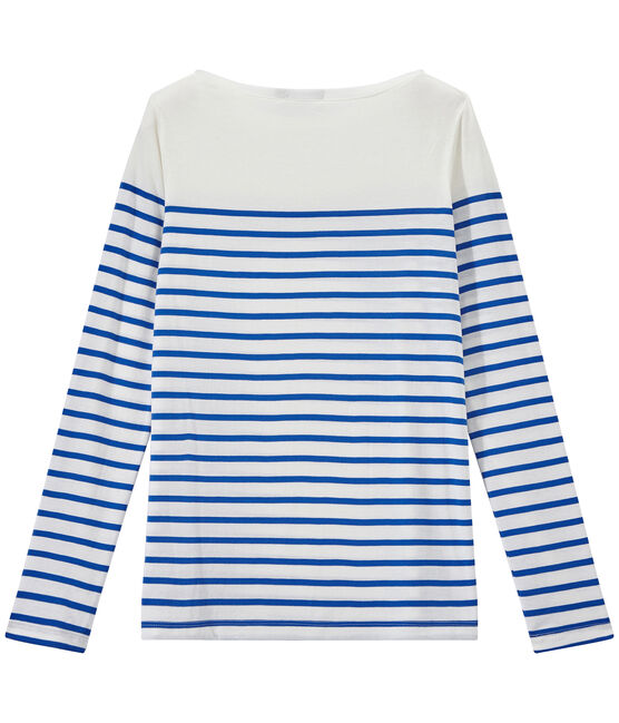Dames-T-shirt met lange mouwen en streepjes wit MARSHMALLOW/blauw PERSE