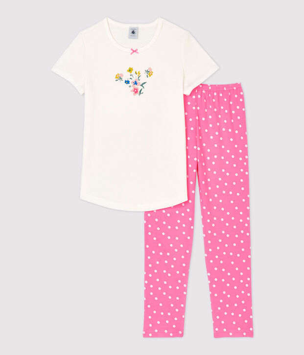 Pyjama &agrave; manches courtes petite fille en coton rose/blanc