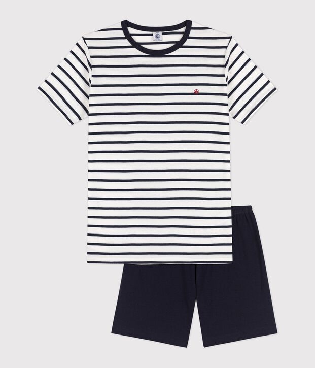 Geribde pyjama met marini&egrave;restrepen uniseks wit/blauw