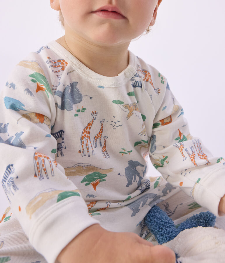 Pyjama b&eacute;b&eacute; en coton avec zip imprim&eacute; savane blanc/multicouleur