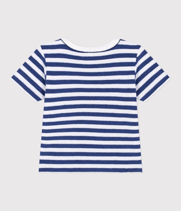 Katoenen kinder-T-shirt met korte mouw en streepjes blauw/wit