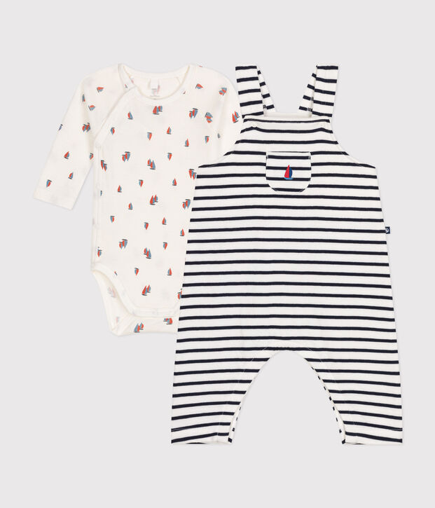 Ensemble salopette et body en coton b&eacute;b&eacute; blanc/bleu