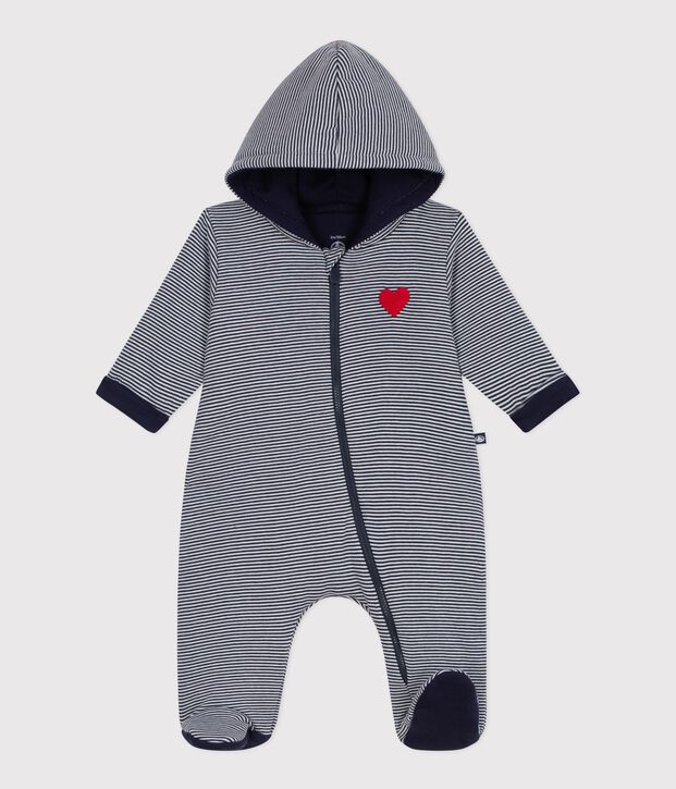 Combinaison ouatin&eacute;e b&eacute;b&eacute; &agrave; capuche et pieds, ray&eacute;e bleu/blanc