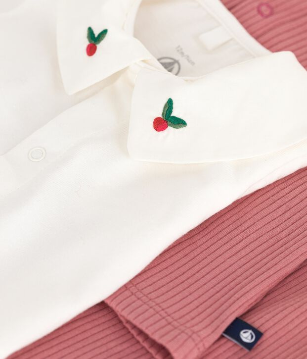 Ensemble naissance trois pi&egrave;ces en coton et tee-shirt &agrave; col brod&eacute; rose/multicouleur