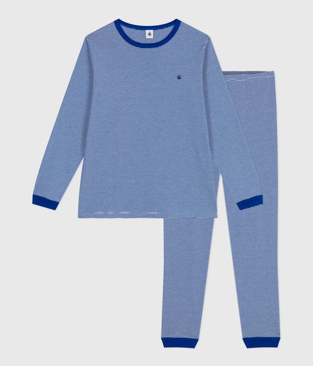 Pyjama enfant en coton &agrave; rayures bleu/blanc