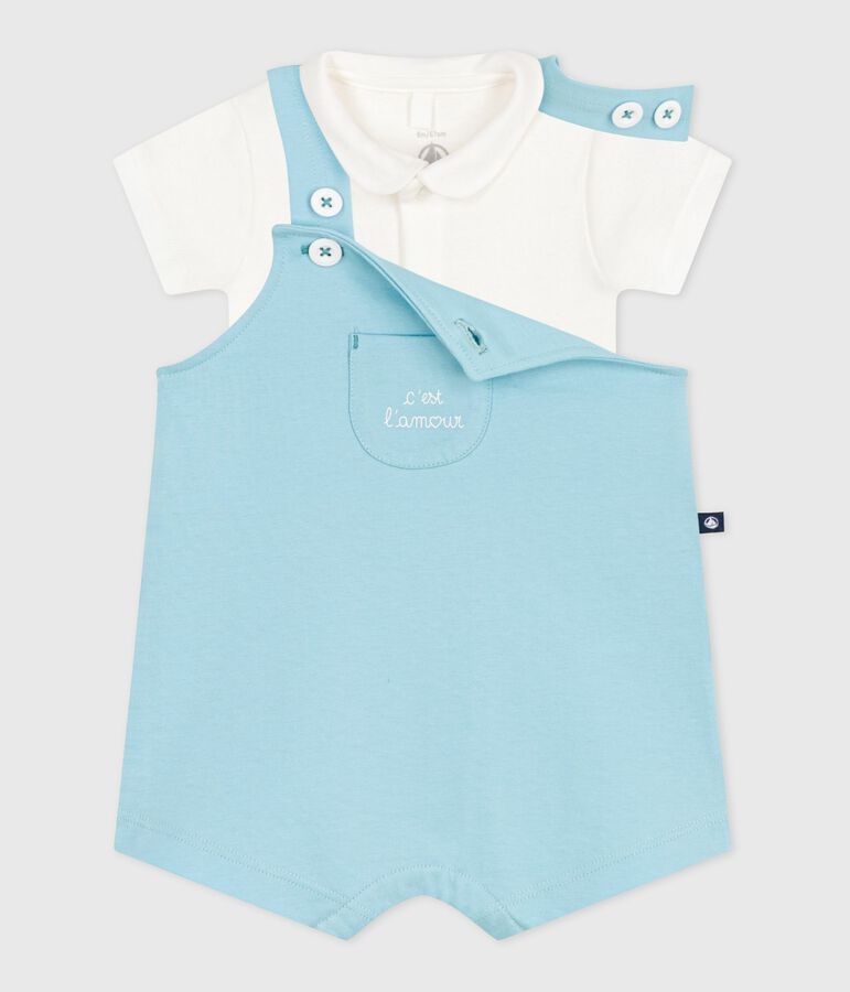 Ensemble naissance salopette et body en coton bleu