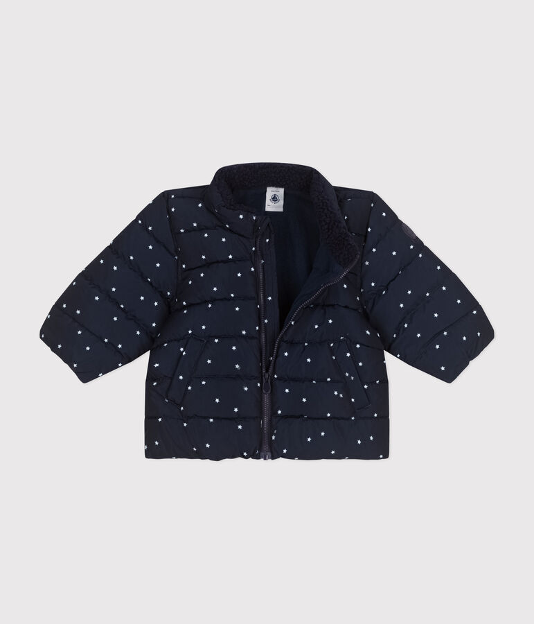 Bedrukt babyjack met oprolbare capuchon blauw/wit