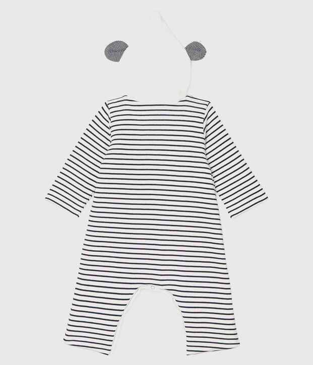 Combinaison longue ray&eacute;e &agrave; capuche b&eacute;b&eacute; en coton biologique blanc/bleu