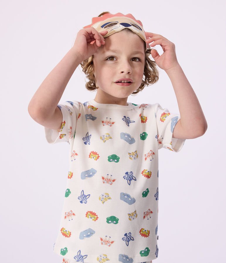 Korte katoenen verkleedpyjama met maskertjesprint voor kinderen wit/multicouleur