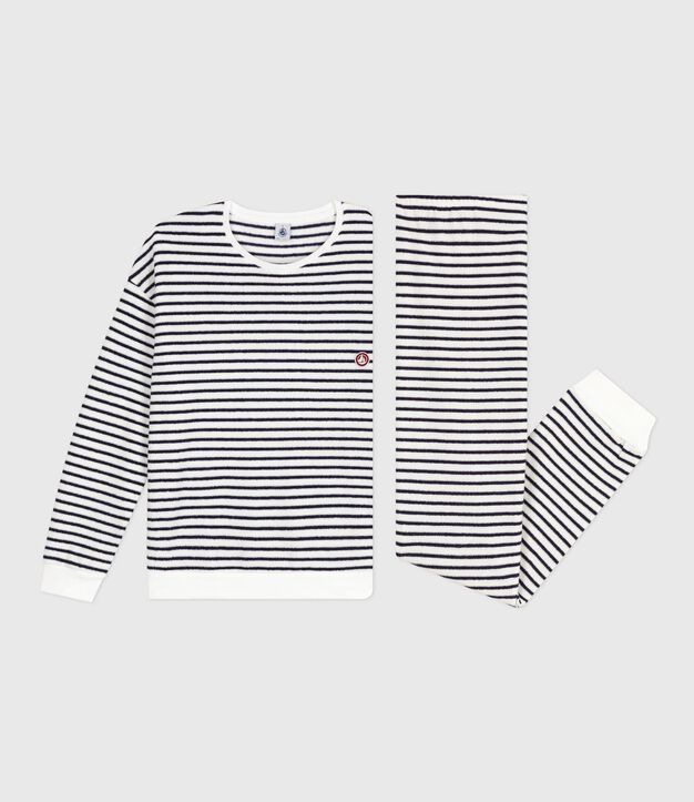 Pyjama femme en coton &eacute;ponge &agrave; rayures bleu/bleu