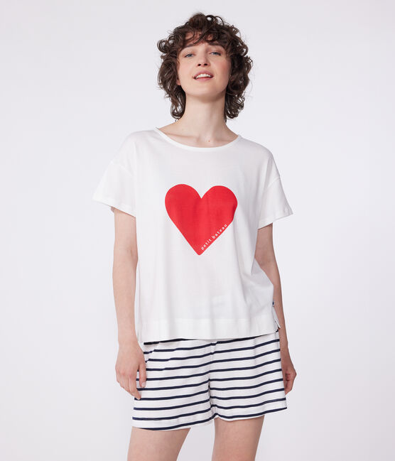 Pyjama short femme en coton imprimé cœurs blanc MARSHMALLOW/bleu SMOKING