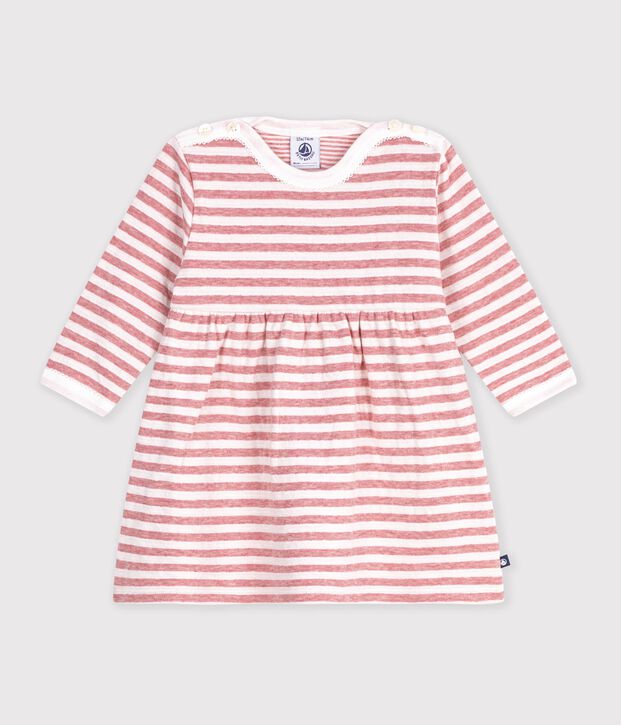 Robe b&eacute;b&eacute; en coton manches longues &agrave; rayures rose/&eacute;cru