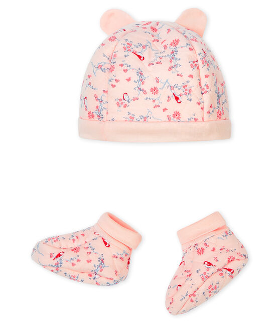 Lot bonnet naissance et chaussons bébé en tubique rose FLEUR/blanc MULTICO