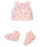 Lot bonnet naissance et chaussons bébé en tubique rose FLEUR/blanc MULTICO