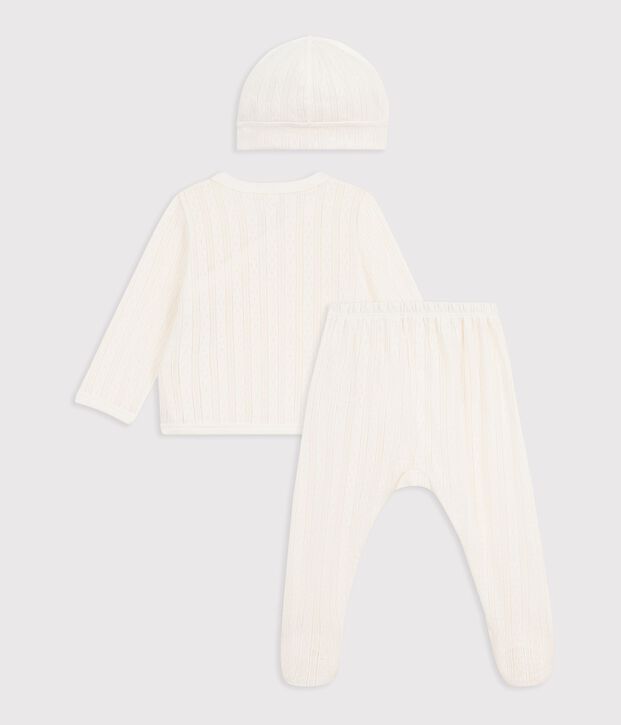 Ensemble long 3 pi&egrave;ces b&eacute;b&eacute; en coton ajour&eacute; et son bonnet blanc cass&eacute;