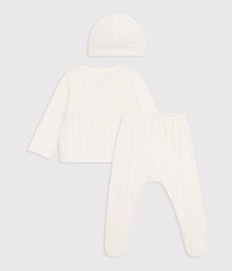 Ensemble long 3 pi&egrave;ces b&eacute;b&eacute; en coton ajour&eacute; et son bonnet &eacute;cru