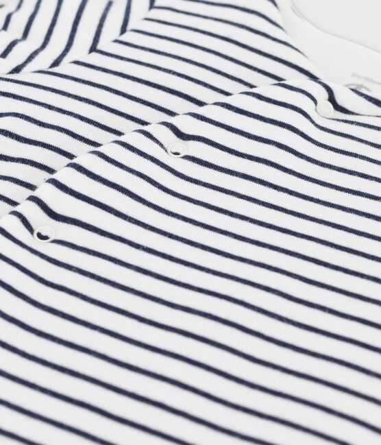 Lange gestreepte playsuit van biokatoen voor baby's wit MARSHMALLOW/blauw SMOKING