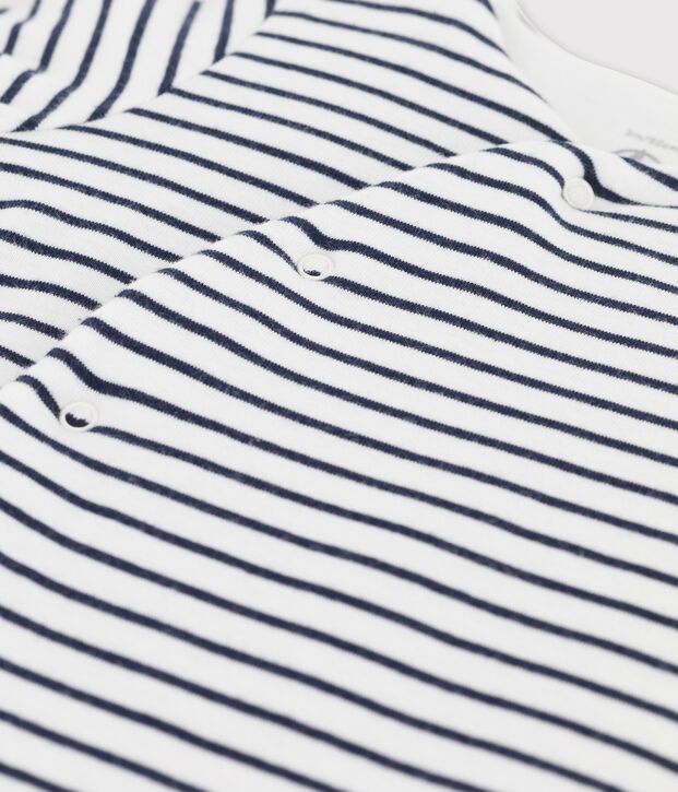 Combinaison longue ray&eacute;e marini&egrave;re en coton bio b&eacute;b&eacute; blanc/bleu