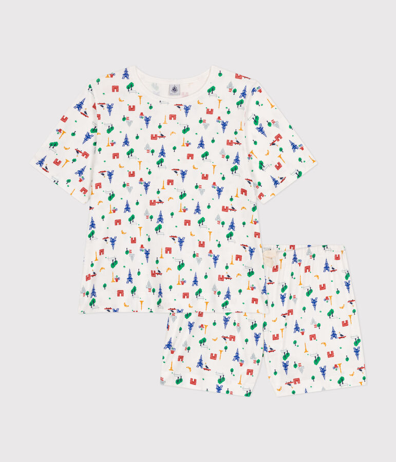 Katoenen pyjama met korte broek en T-shirt met motief van Parijs voor dames wit/blauw/multicouleur